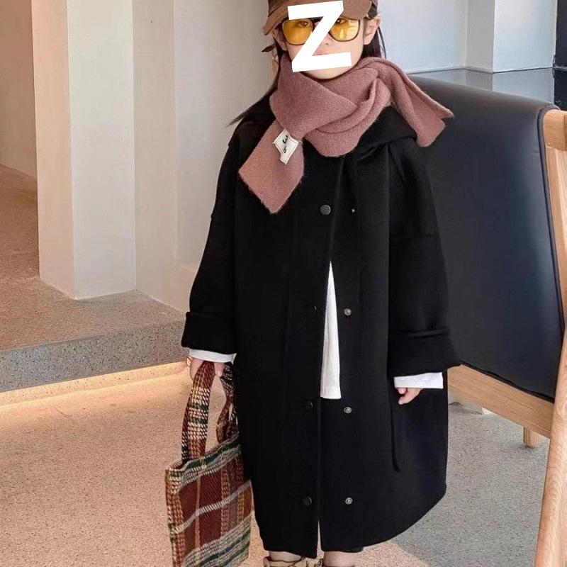 Korean Style Mid-Length Kids' Autumn/Winter Coat – Hooded, Long Sleeve, Cotton-Polyester for Girls.