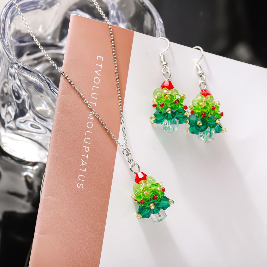 2024 Elegantes Farbblock-Weihnachtsbaum-Halsketten- & Ohrring-Set