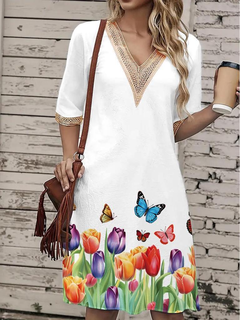 2025 Spring/Summer Lace V-Neck Print Midi Dress with Loose Hem