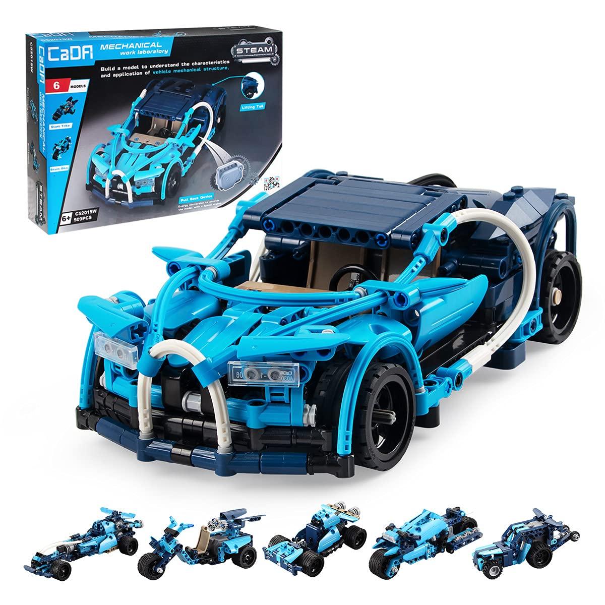 

CaDA Block Kit, 6-Way, Battery-Free, Pull-Back Car, Sports Car, 509 Pieces, 23cm Longest Side, Self-Propelled, Blue