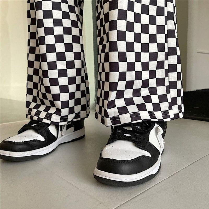 2022 New Arrivals Sweatpants Women Wide Leg Pants Retro High Waist Checkerboard Grid Elastic Woman Pant Black Loose Long Trouser