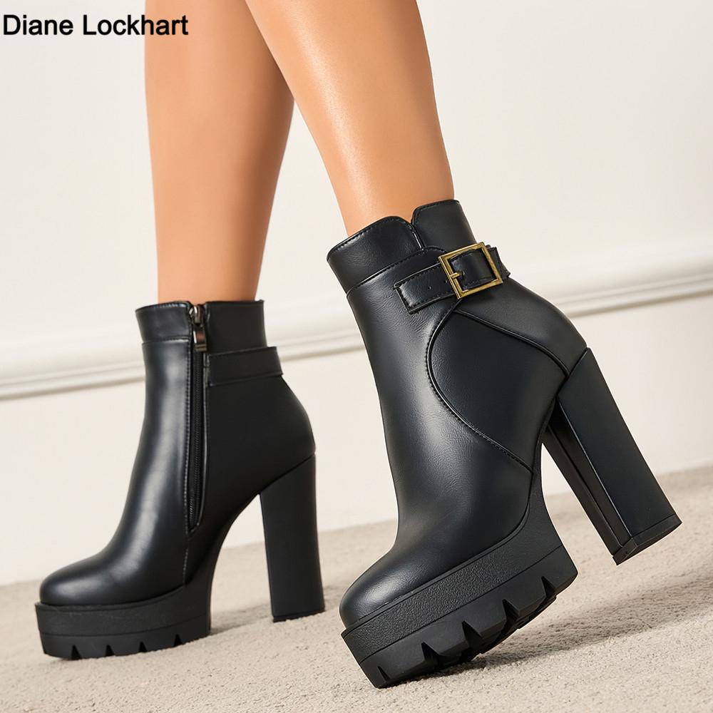 Fashion Sping Autumn Platform Ankle Boots Woman Black Brown PU Leather Shoes Female High Heels Boots Ladies Shoes For Party Big Size 43