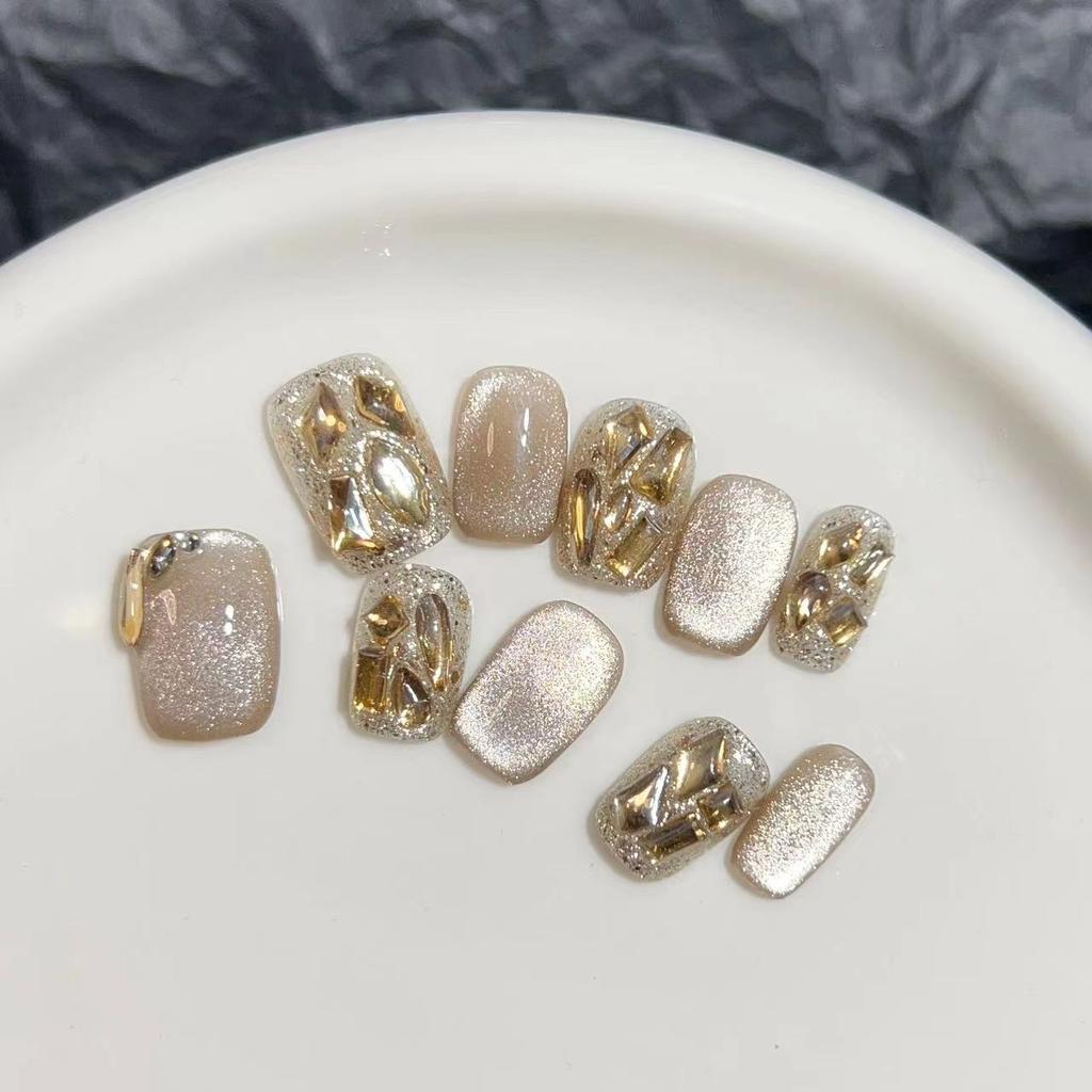 Wearing Armor Pure Handmade Manicure Finished Product Fake Nail Patch Highlight Light Bulb Cat Eye Flash Champagne Diamond Short Nail