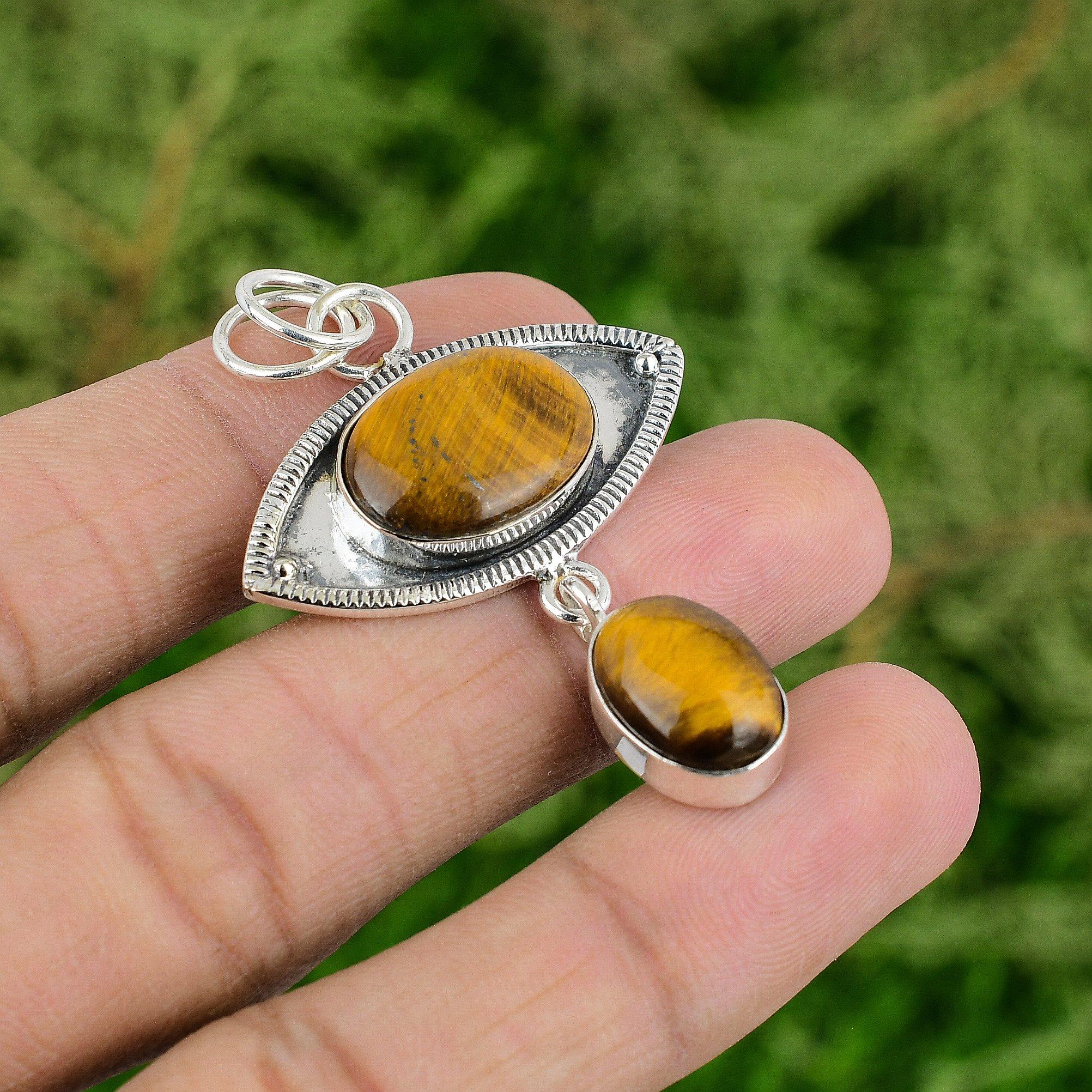 

Sacral Chakra Tigers Eye Stone Bezel Handmade Birthday Pendant Sterling Silver
