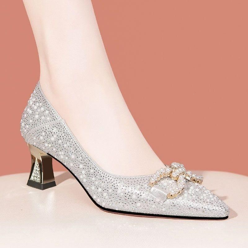Specht Strass spitz High Heel Pumps Damen Neu Mittelhoher Absatz Temperament Dicker Absatz Schuhe Flacher Mund Damenschuhe