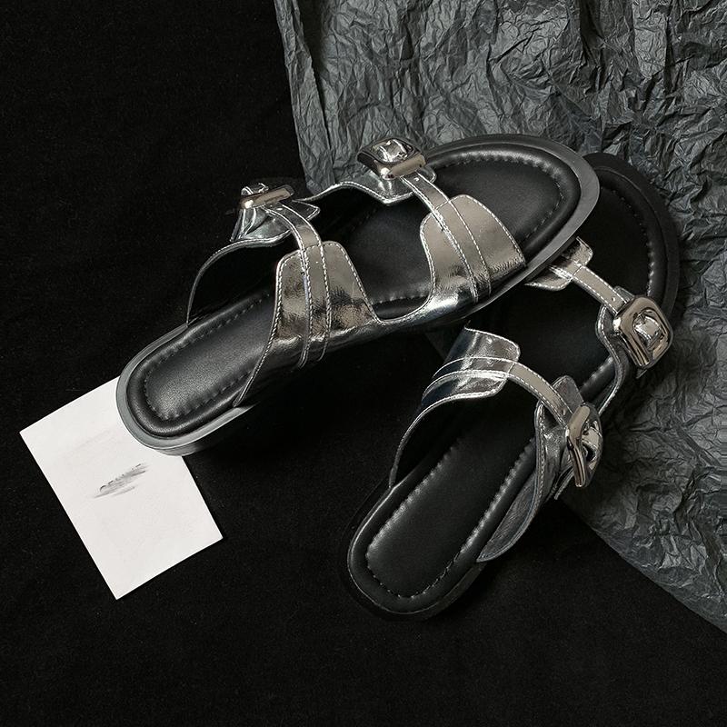 Fashion Women's new leather cowhide round toe summer exposed toe metal belt buckle comfortable low heel fashion slippers