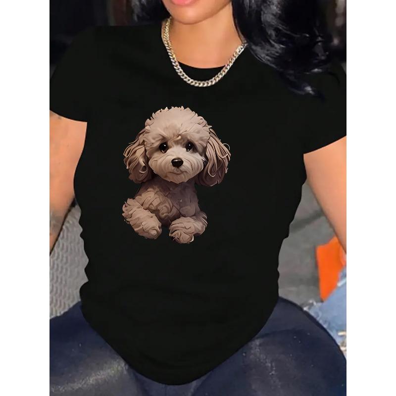 

European Size Women s Casual Short Sleeve T-Shirt with Cute Dog Graphic Print - Soft Stretch Round Neck Tee, Machine Washable All-Season 4XL чорний