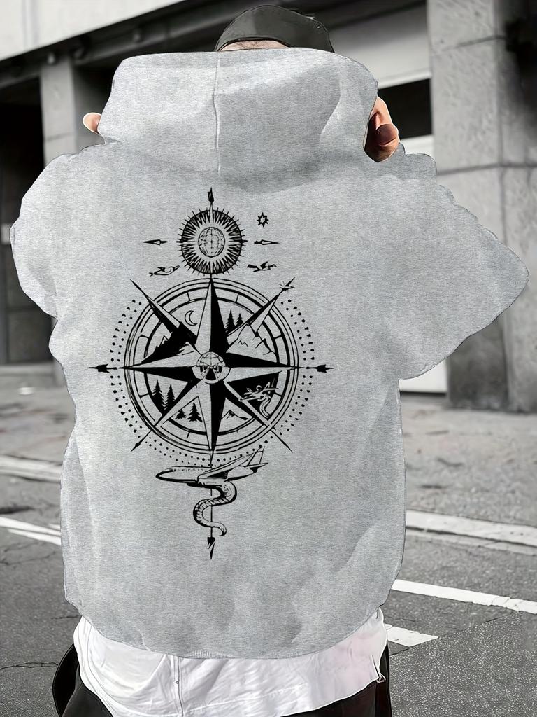 Pullover Hooded Sweatshirt Unisex Men Women Compass Graphic Print Hoodie Streetwear Long Sleeve Tops With Kangaroo Pocket