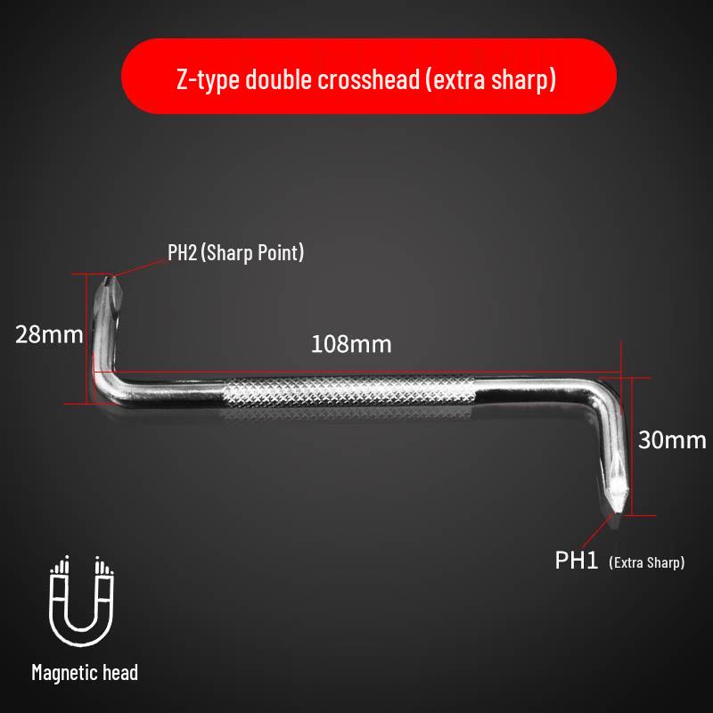 Magnetic Z-Shaped Dual-Ended Right-Angle Screwdriver: Slotted & Phillips