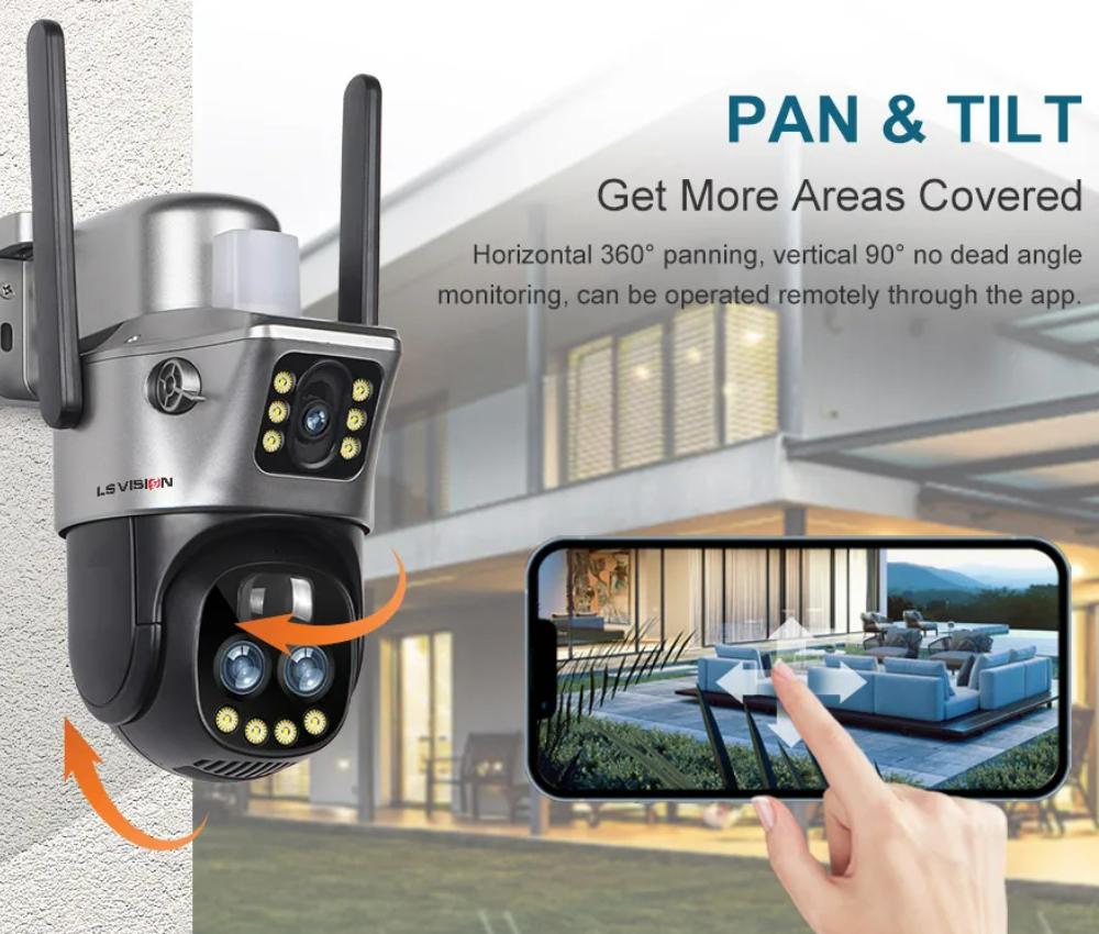 LS VISION Dual Screen WIFI Or 4G SIM Solar Camera 10X Zoom Outdoor Cameras With Light Alarm Auto Tracking PTZ CCTV Cameras IP66