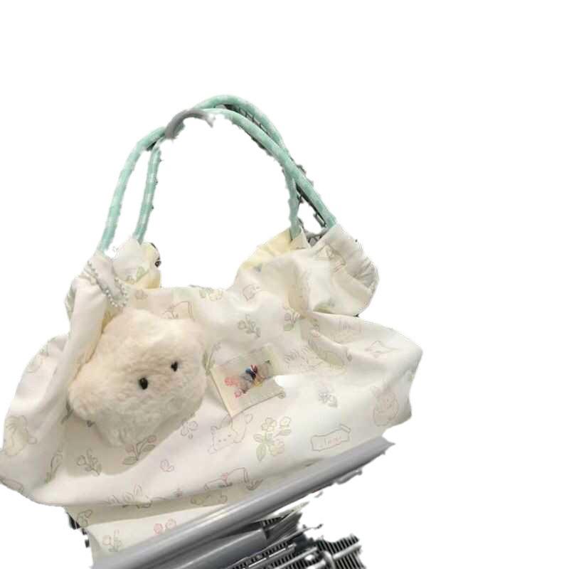 Large Capacity Women's Floral White Rabbit Canvas Tote Bag