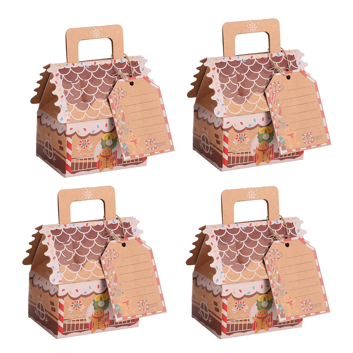 

4/8pcs Christmas Candy Gift Boxes Kraft gingerbread house shape Cookies gift Packing Bags with tag for Xmas Party Home Decor 4pcs&12x9.5x5.5cm