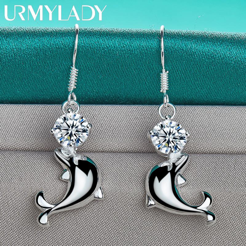 925 Sterling Silver Dolphin Zircon Earrings Fashion Jewelry