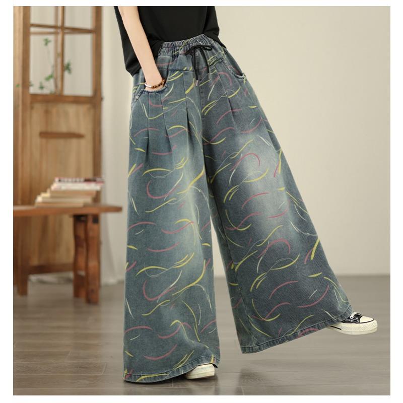 DIMANAF 2026 Summer New Plus Size Women Jeans Elastic Waist Long Pants Print Loose Casual Denim Cotton Trousers