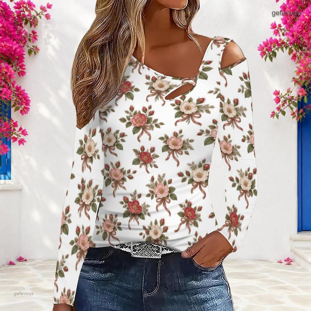 Women Plus Size White Asymmetric Cutout Neck Cold Shoulder Long Sleeve Floral Printed Top