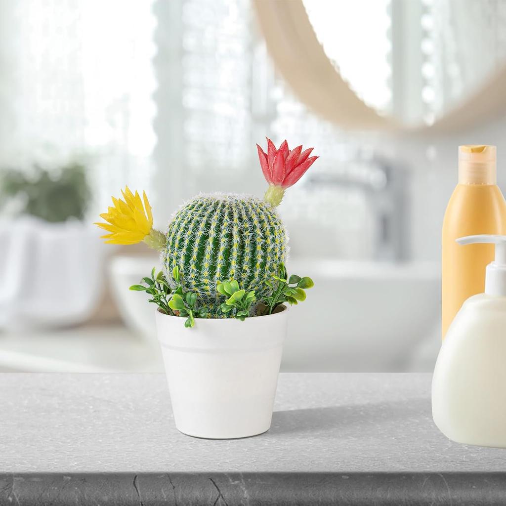 7.7 Inch Mini Artificial Cactus - Faux Cactus Flowering Cactus, Fake Succulent Plant Decor for Home Office