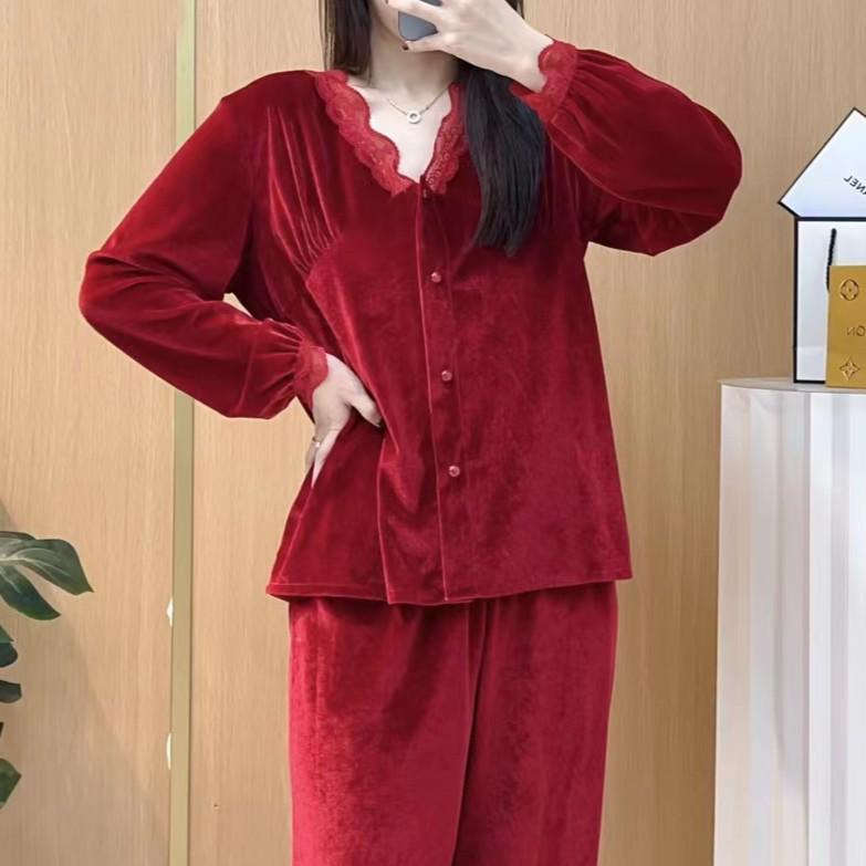 

Комплект из 2 предметов пижамы из бархата, топа и брюк, с длинным рукавом, весна-осень, женская домашняя одежда, теплый пижамный костюм, сексуальная кружевная домашняя одежда 2XL красный