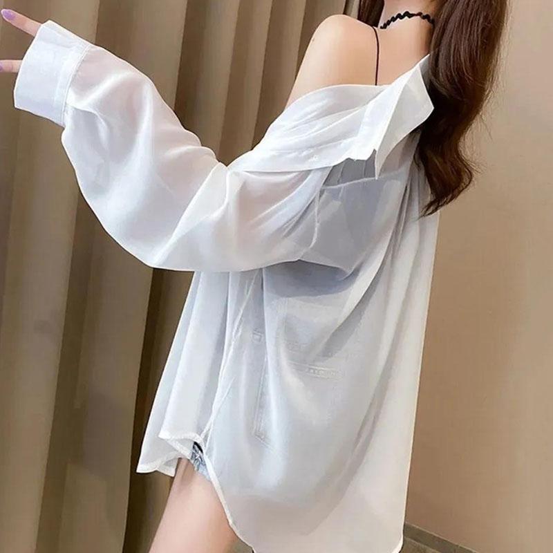 Sunscreen Chiffon Shirt Female Summer Coat Korean Version  Thin Section  Blouse Loose Air-conditioned Shirt Tide Womens Tops White Polo Collar Shirt