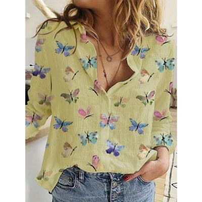 Europese en Amerikaanse buitenlandse handel dames digitale print vlinder bloemen revers stedelijk temperament lange mouwen knoopsluiting shirt