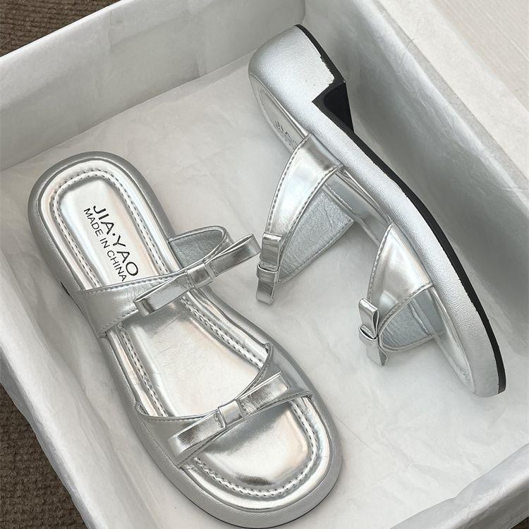 Silver French with Skirt One-word Thick-soled Slippers Women's Summer Fashion Outer Wear 2025 Sweet Bow Cool Slippers