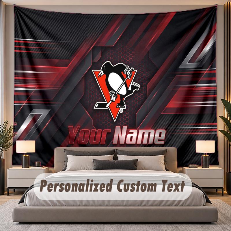 Custom Name Text Tapestry Pittsburgh Penguins Personalized Polyester Wall Tapestry For Bedroom And Room