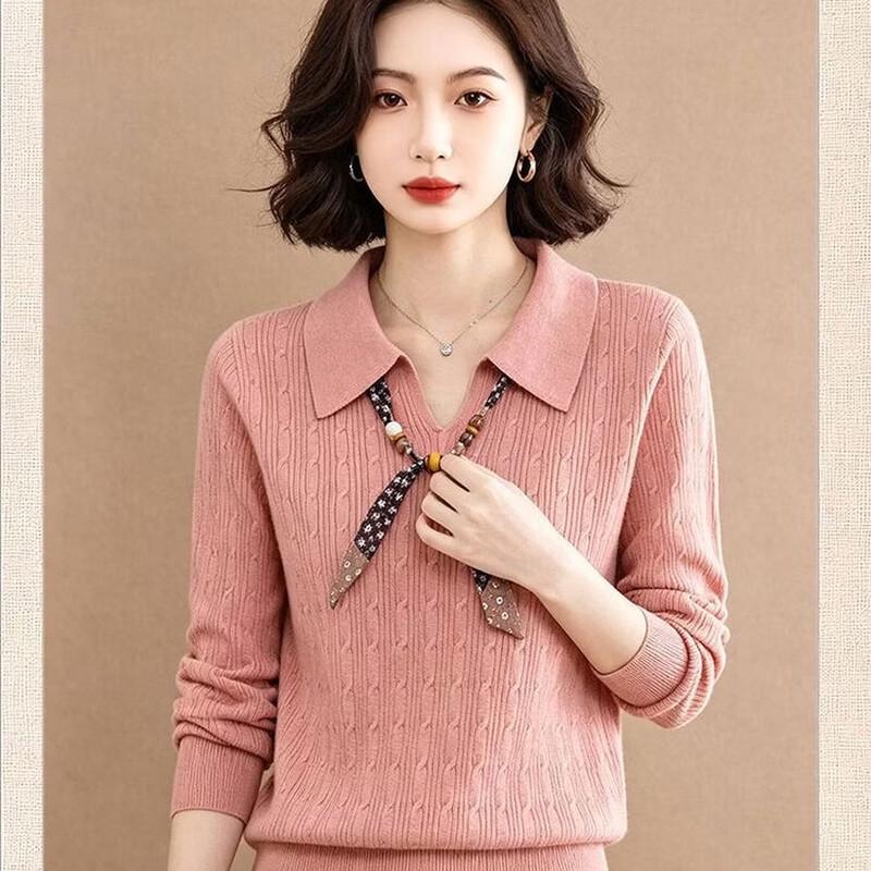 Women's Ribbed Knit Long-Sleeve Collared Sweater with Ribbon Detail