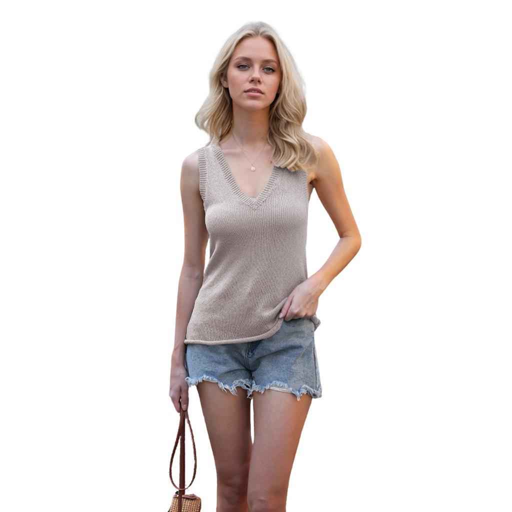 Summer Women's V-Neck Solid Colour Backless Knit Tie Small Tank Top