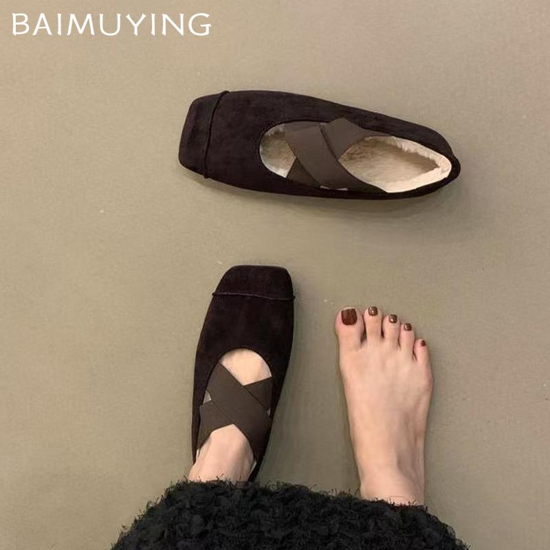 Wildleder Spitzschuhe Ballettschuhe Kurzer Plüsch Flache Slipper Lässige Baumwollschuhe 2025 Trend Walking Weich Winter Damen Zapatillas