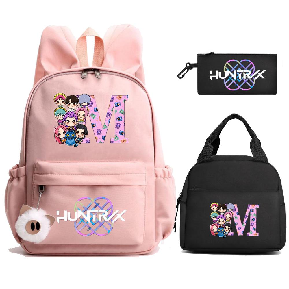 3Pcs/set 26 English Letter Kpop Demon Hunters Printed Backpack with Lunch Bag Pengcil Case for Teenager Girl Boy Large Capacity Bookbag Travel Bag