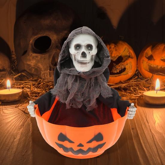 Halloween Skeleton Candy Bowl Animated Skull Candy Dish with Motion Activated Horror Halloween Candy Server with LED Eyes And Creepy Sound