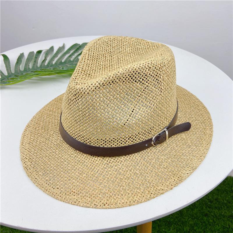 Summer Beach Leather Button Straw Hat Sun Hat Men's British Versatile Women's Hollow Sun Couple Jazz Hat