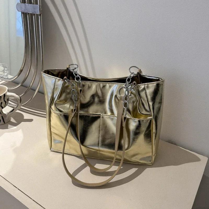 

Повседневные сумки для женщин, новинка 2024 года, сумки на плечо большой вместимости, текстурированные яркие сумки-тоут из искусственной кожи для женщин, элегантные сумки с цепочкой золотой