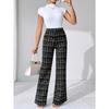 [Stretchy Flare Pants] High-Waisted Stretchy Women's Black and White Plaid Flare Pants | Casual Pants for Spring/Summer/Fall | Glossy Finish Pant