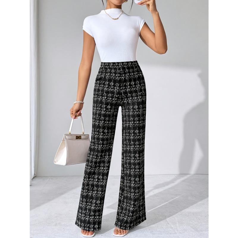 [Stretchy Flare Pants] High-Waisted Stretchy Women's Black and White Plaid Flare Pants | Casual Pants for Spring/Summer/Fall | Glossy Finish Pant