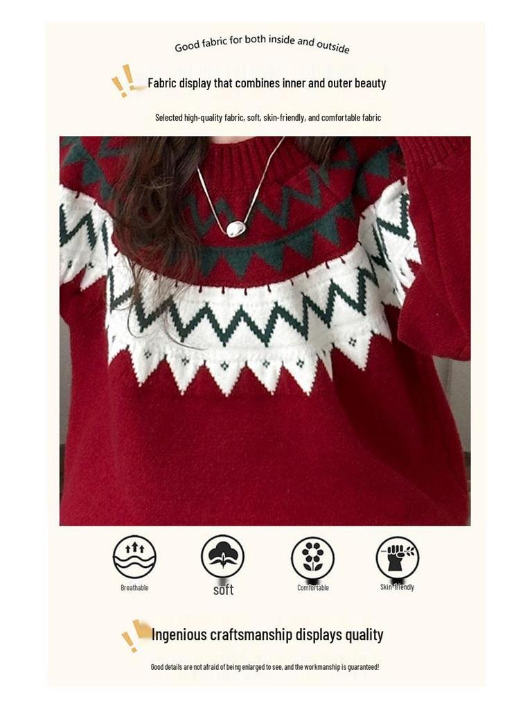 Girls' Fair Isle Red Knitted Sweater - Round Neck, Long Sleeve, Chunky Knit, for Autumn/Winter 2025, Mid & Big Kids Casual Jumper.