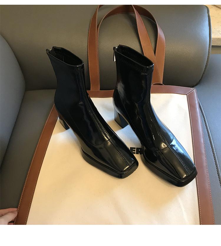 New autumn and winter high-heeled short boots fashionable versatile square-head patent leather Martin boots thick-heeled thin boots fashion boots