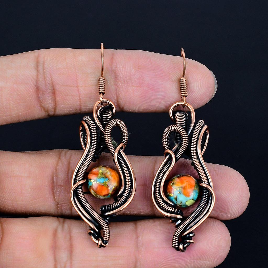 Orange Spiny Oyster Earrings, 999 Copper Wire Wrap Gemstone Jewelry, Handmade Earrings, Amazing Jewelry, Gift For Her