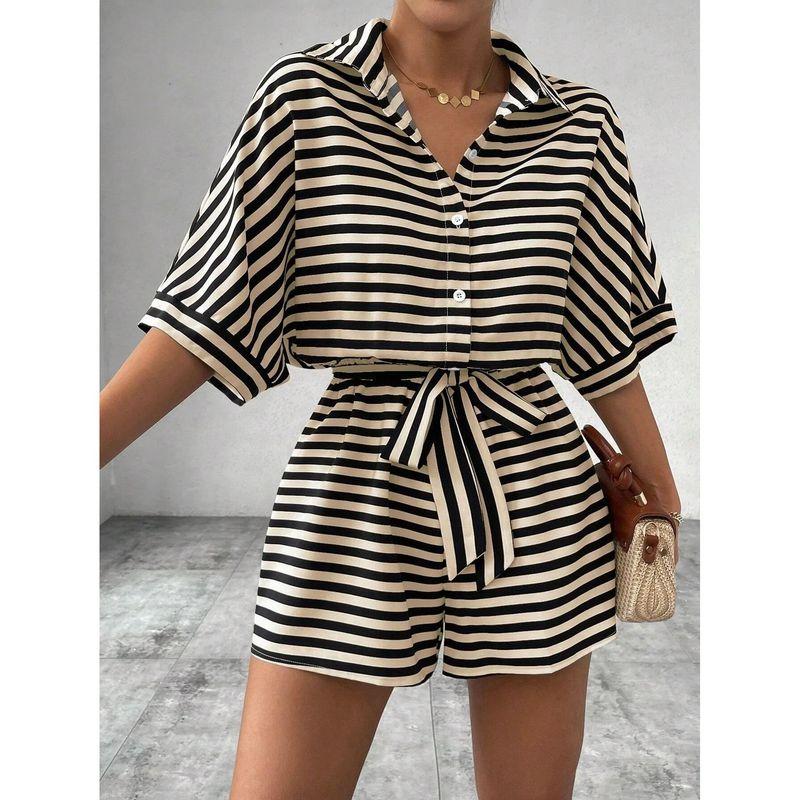 Striped Lapel Mid Sleeved Jumpsuit Shorts Stripes Lapel Mid-Sleeve Jumpsuit