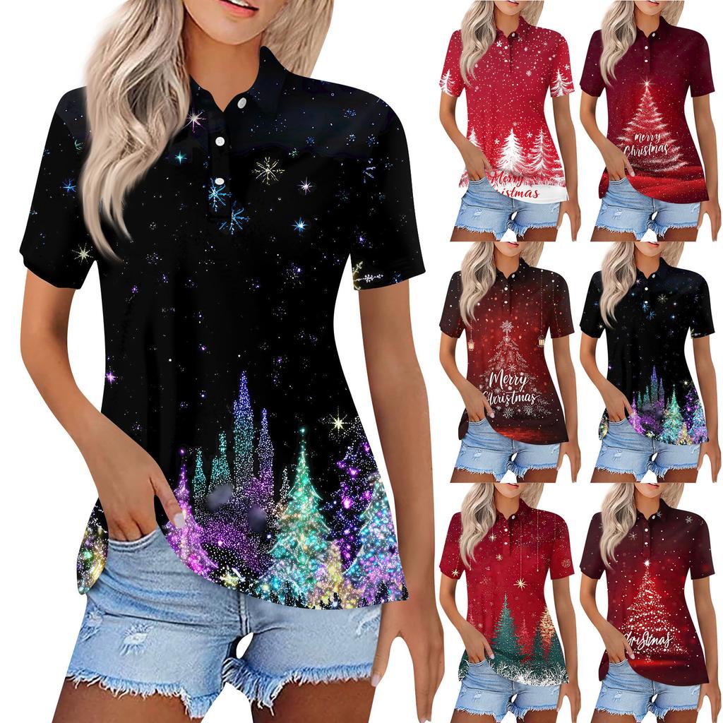 Dámská móda Ležérní klopa Krátký rukáv Vánoční potisk Košile Dámské knoflíkové topy
