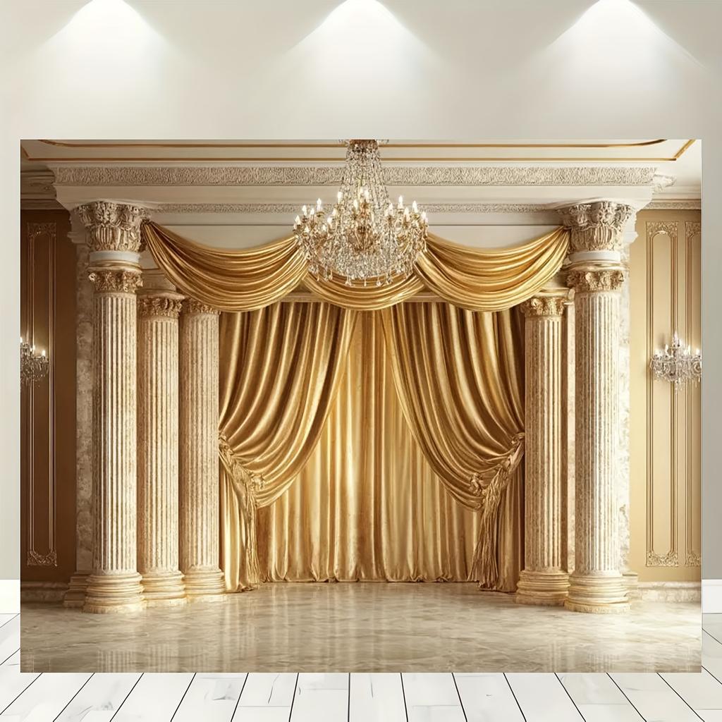 A Luxurious Gold and White Polyester Background Fabric with Grand Arches Chandeliers and Curtain Designs