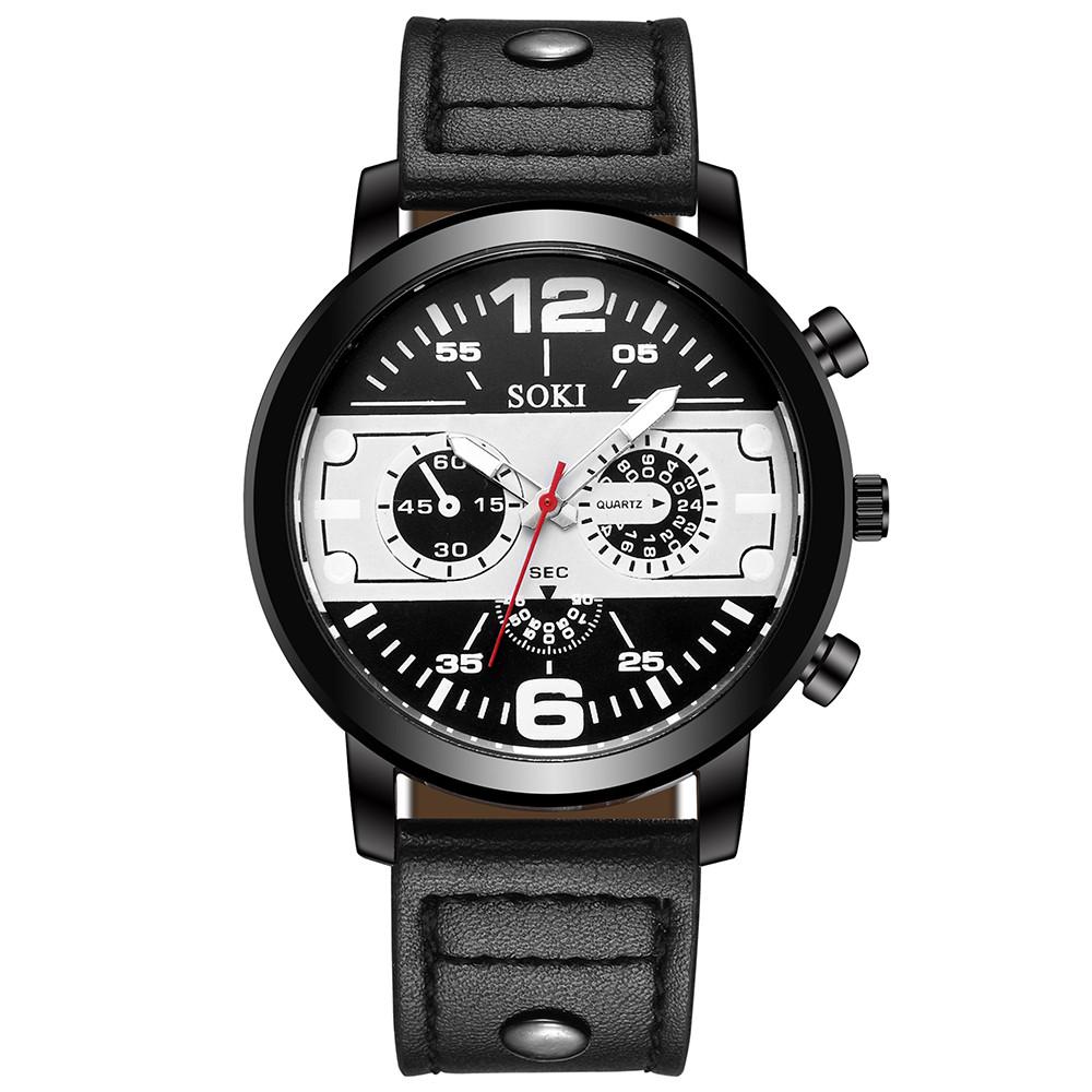 

Sleek Men’s Watch Chic Brown Leather Band Quartz Watch Modern Black White Orange Three Eye Contrast Color Chronograph Wristwatch чёрный