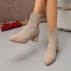 Fashion Women 2025 New Fashion Elegant Knitted Stretch Fabric Ankle Boots Spring Autumn Pointed Square Heels Sewing Chelsea Boots Women