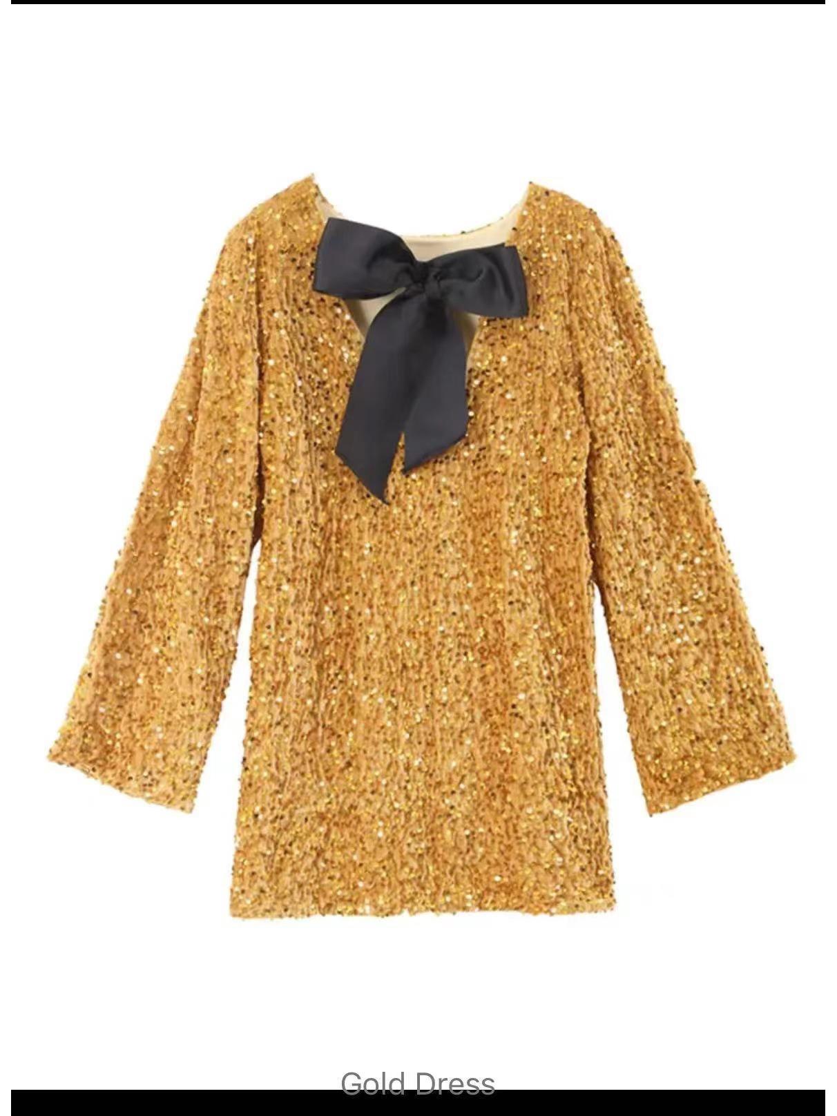

European Style Sequin Round Neck Dress with Back Bow - Autumn 2024 Collection Large жовтий