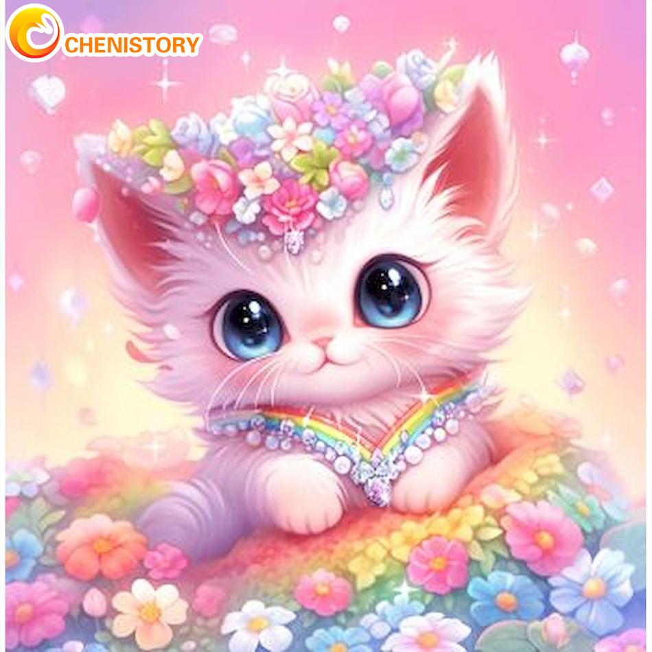 CHENISTORY Diamond Painting 5D DIY Cat Diamond Embroidery Full Drill Round Animal Mosaic Picture Rhinestones Wall Art Decortion