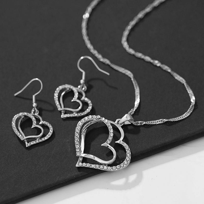 3Pcs/Set Heart Shaped Jewelry Set Of Earrings Pendant Necklace For Women Party Exquisite Fashion Rhinestone Double Heart Peach Heart Jewelry Set