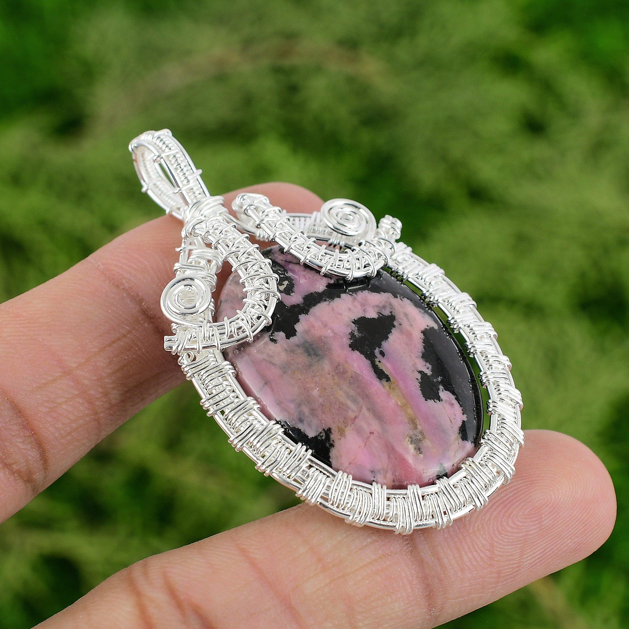 

Daughters Day Deal 925 Silver Rhodonite Stone Sister Wire Wrapped Bezel Pendant
