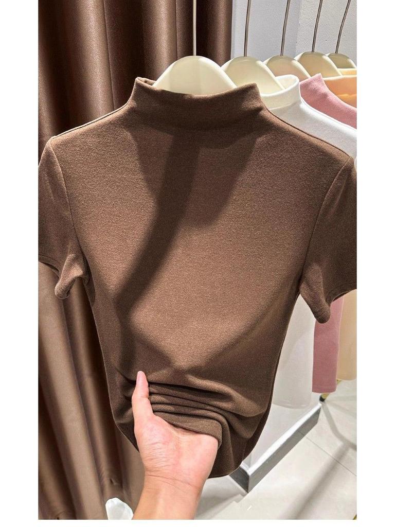 2026 Women's Double-Sided Slim-Fit Half-High Collar Base Layer Top, Thickened, Short-Sleeved, High-End Feel.