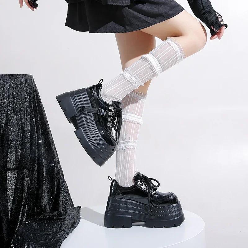 10CM Women Leather Platform Sneakers Spring Ladies Wedge Heels Chunky Shoes Pumps Woman Lace-Up Thick Sole Casual Walking Shoes