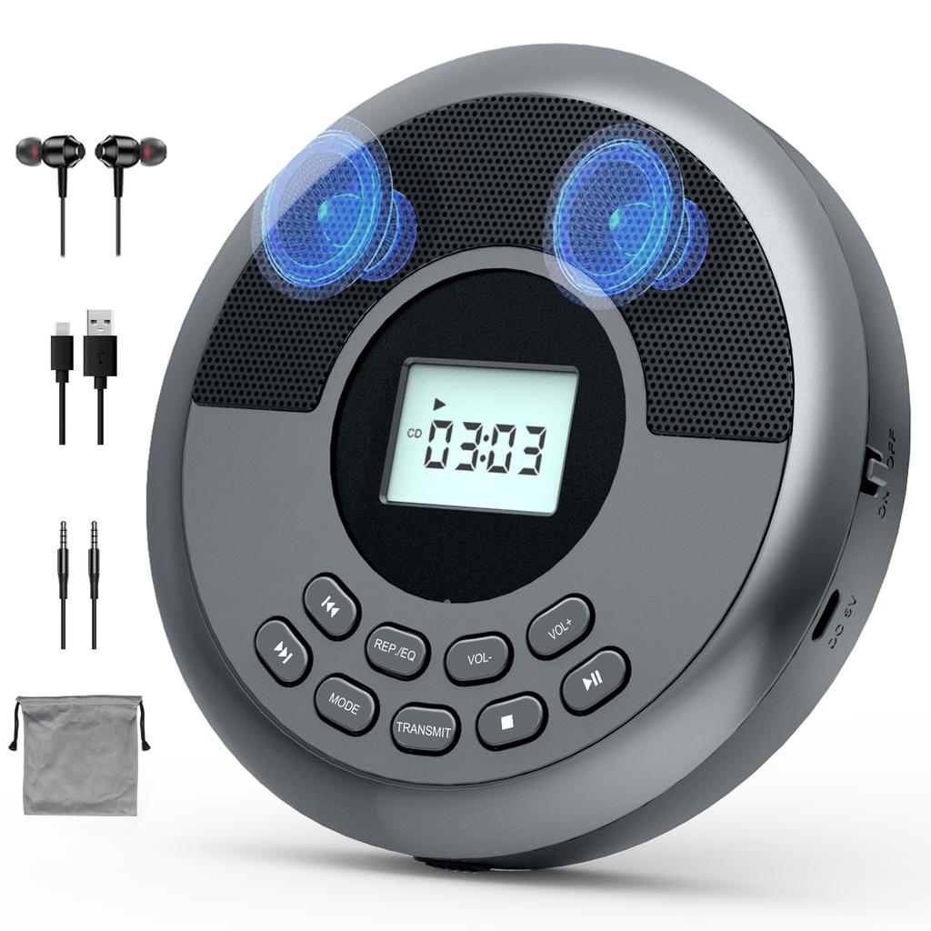 Tragbarer CD-Walkman, Bluetooth-Sender-CD-Player mit eingebauten Lautsprechern, unterstützt Kopfhörer, wiederaufladbarer Discman mit USB-Wiedergabefunktion