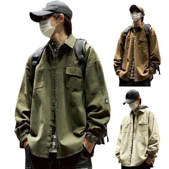 Men Jacket Lapel Long Sleeve Flap Pockets Solid Color Coat Loose Fit Buttons Placket